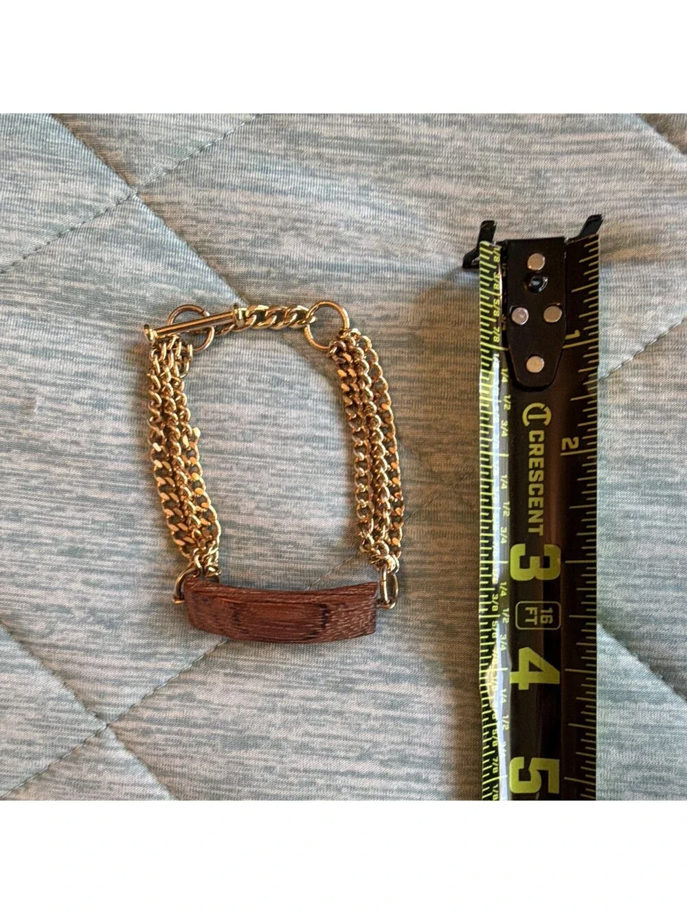 Gold Tone Multi Chain Bracelet Wood Bar Accent Toggle Clasp Boho Statement